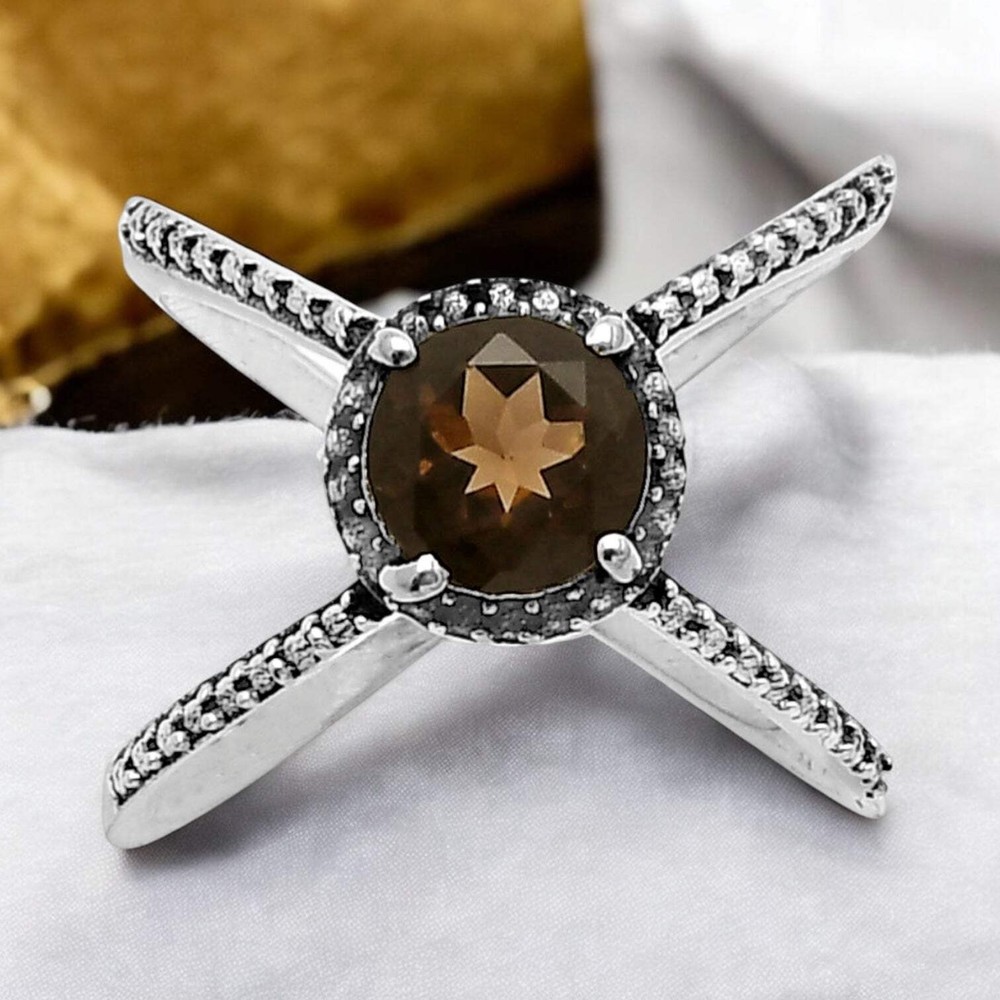 Smoky Topaz Solid 925 Sterling Silver Ring 7.5