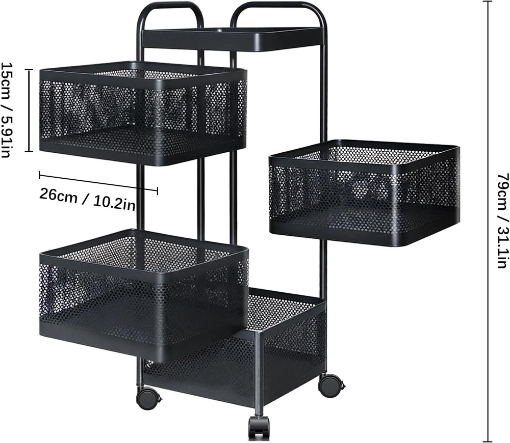 Rotating Kitchen Storage Rack, 4 Tier Rolling Cart with Fruit and Vegetable Bask