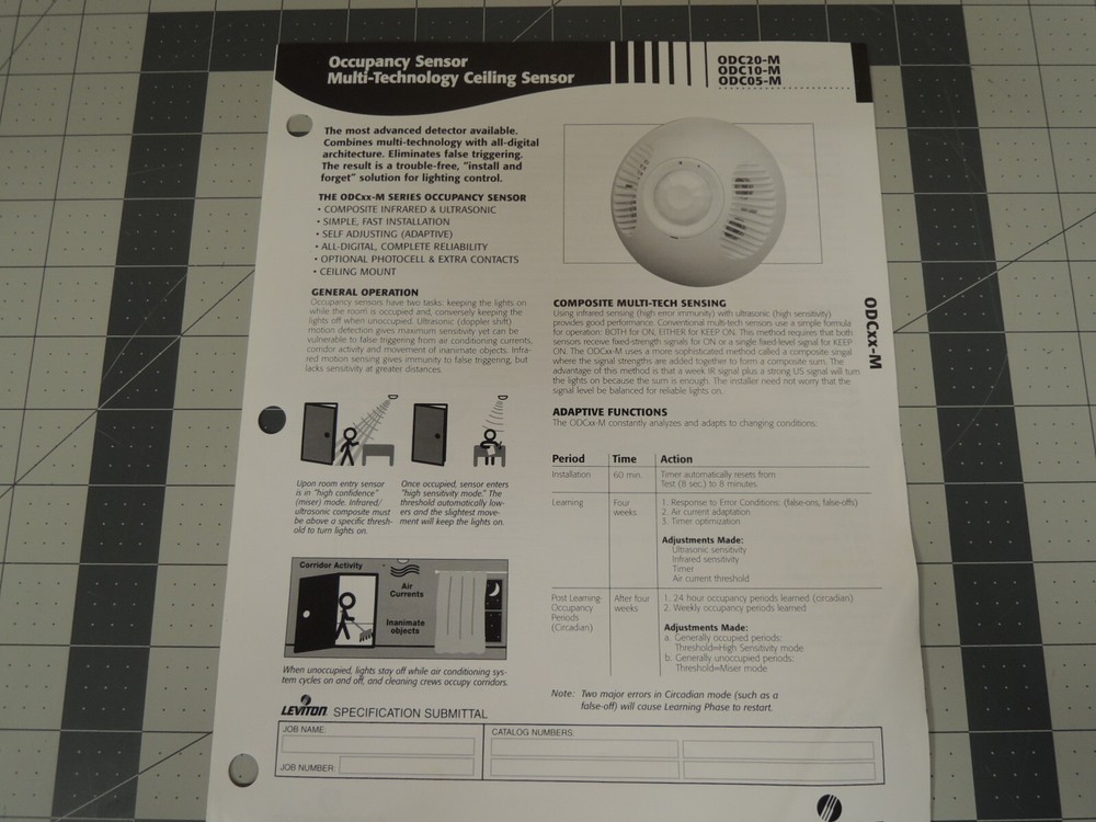 LEVITON ODC05-M0W MULTI-TECH CEILING MOUNT OCCUPANCY SENSOR, 500-SQFT, 24-VDC