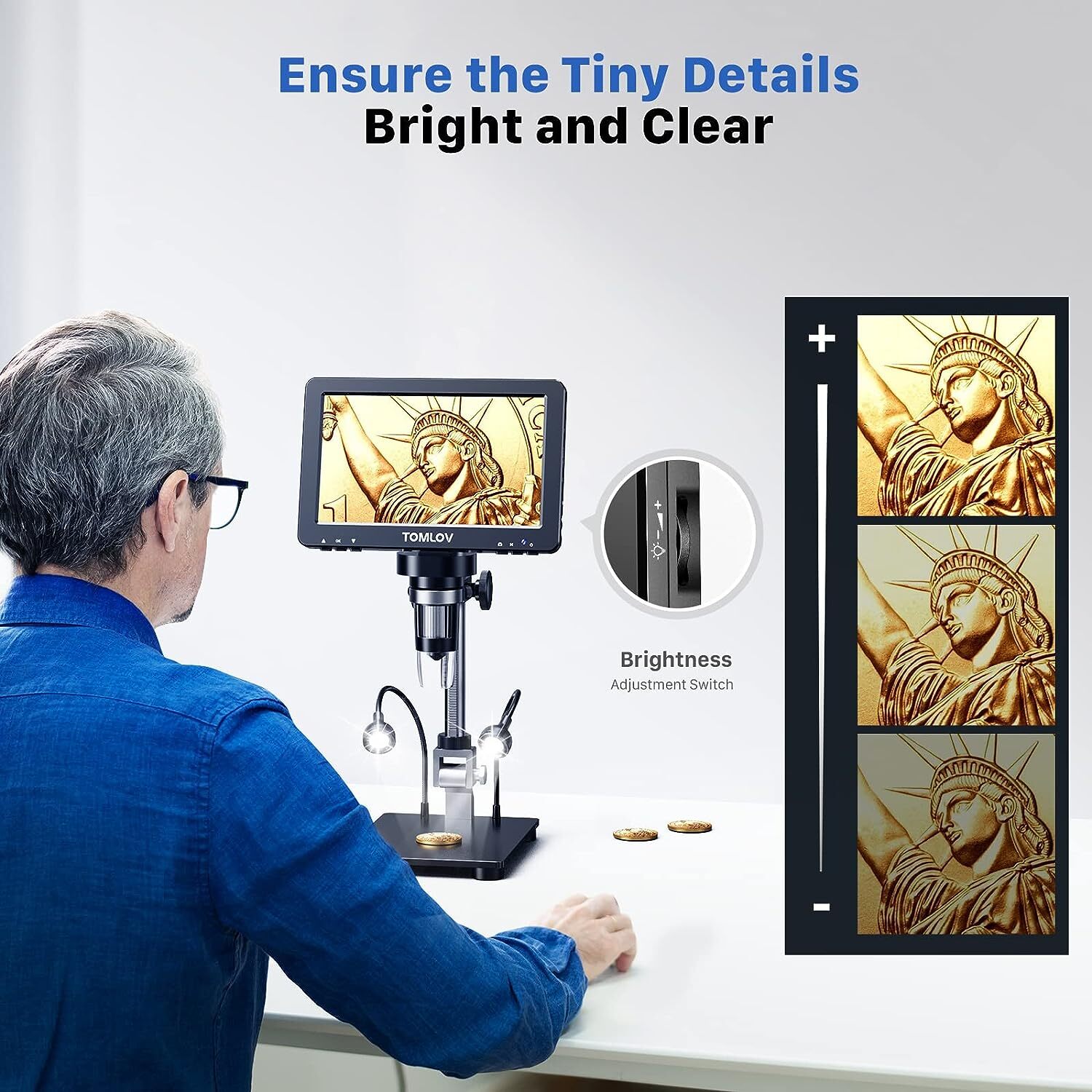 TOMLOV DM9 Pro Digital Microscope 1200X HDMI Magnifier 7" Coin Microscope Camera