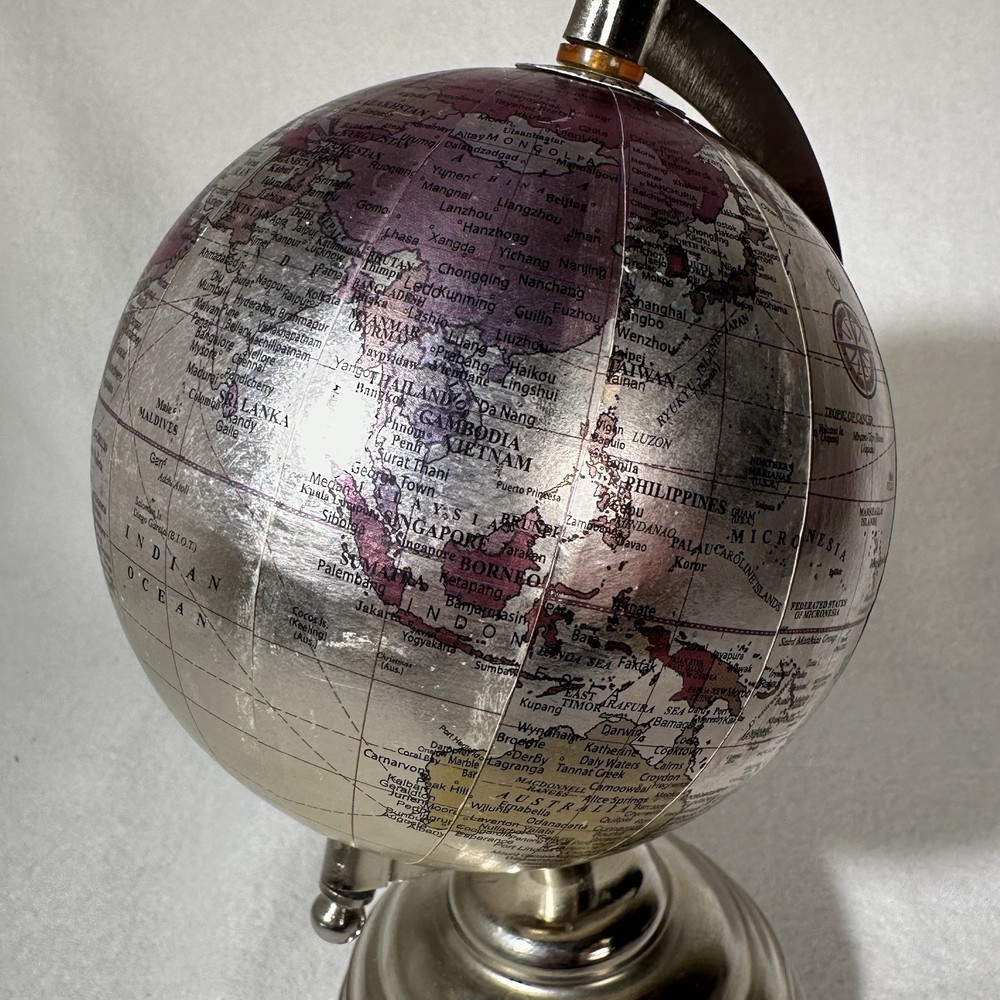 Small 9” Silver Globe Spins On Axis with Base