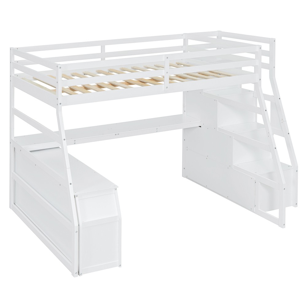 Full Loft Bed w/ Desk & Storage - White - Sturdy Pine Frame