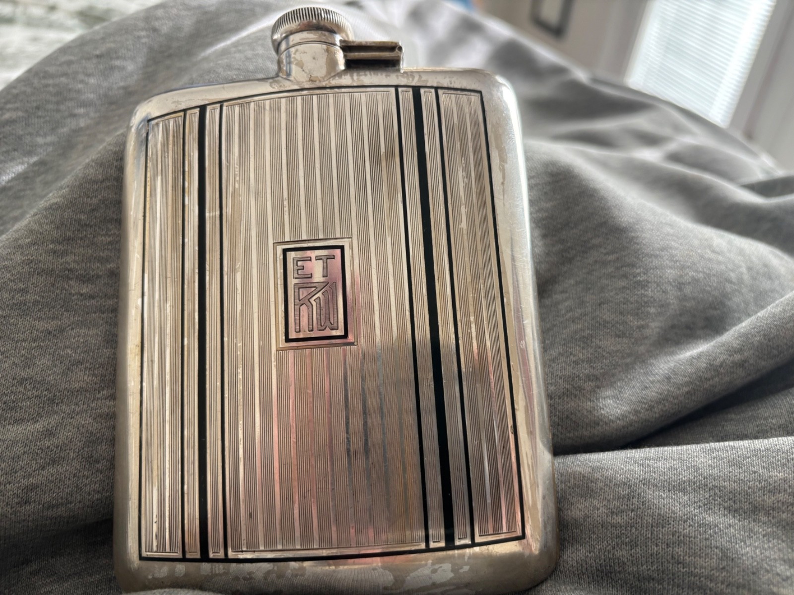 Sterling Silver Flask Black Tuxedo Stripe Design