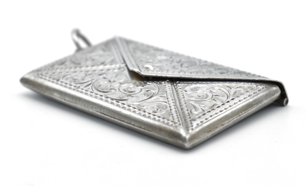 Antique Solid Silver Double Stamp Case Scroll Pattern Engraved Envelope Shape