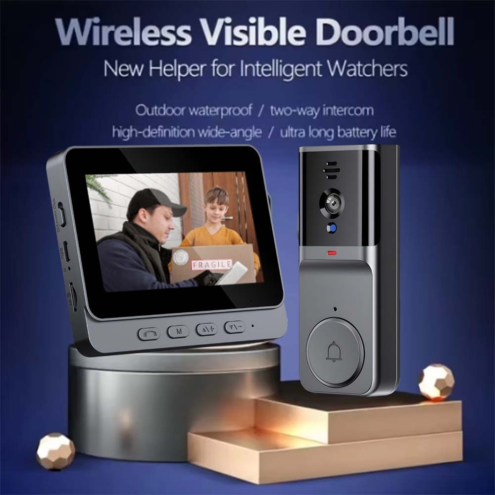 Wireless Intercom Doorbell HD Night Vision 4.3in lPS Screen Visual Camera Ring