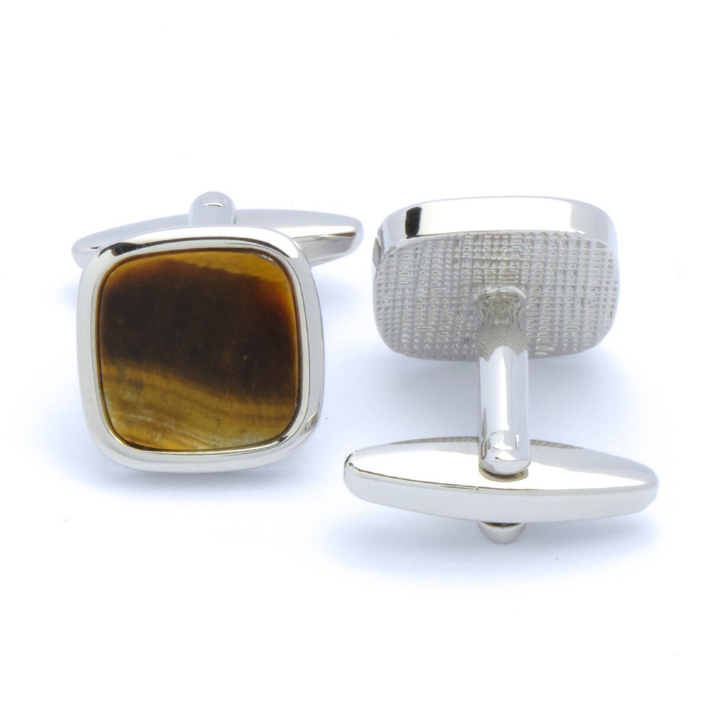 Cufflinks - Square Silver with Tiger Eye Gemstone