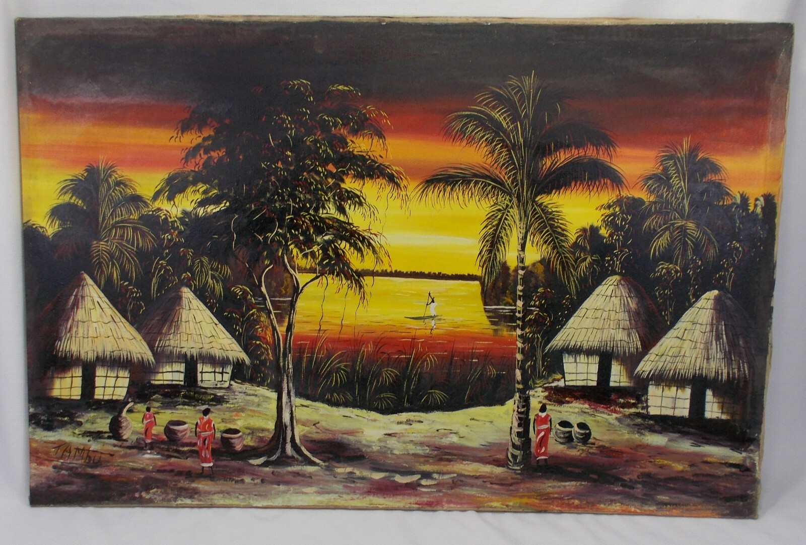 TAMBU 1960's Senegal African oil painting beach village sunset 43 x 28'