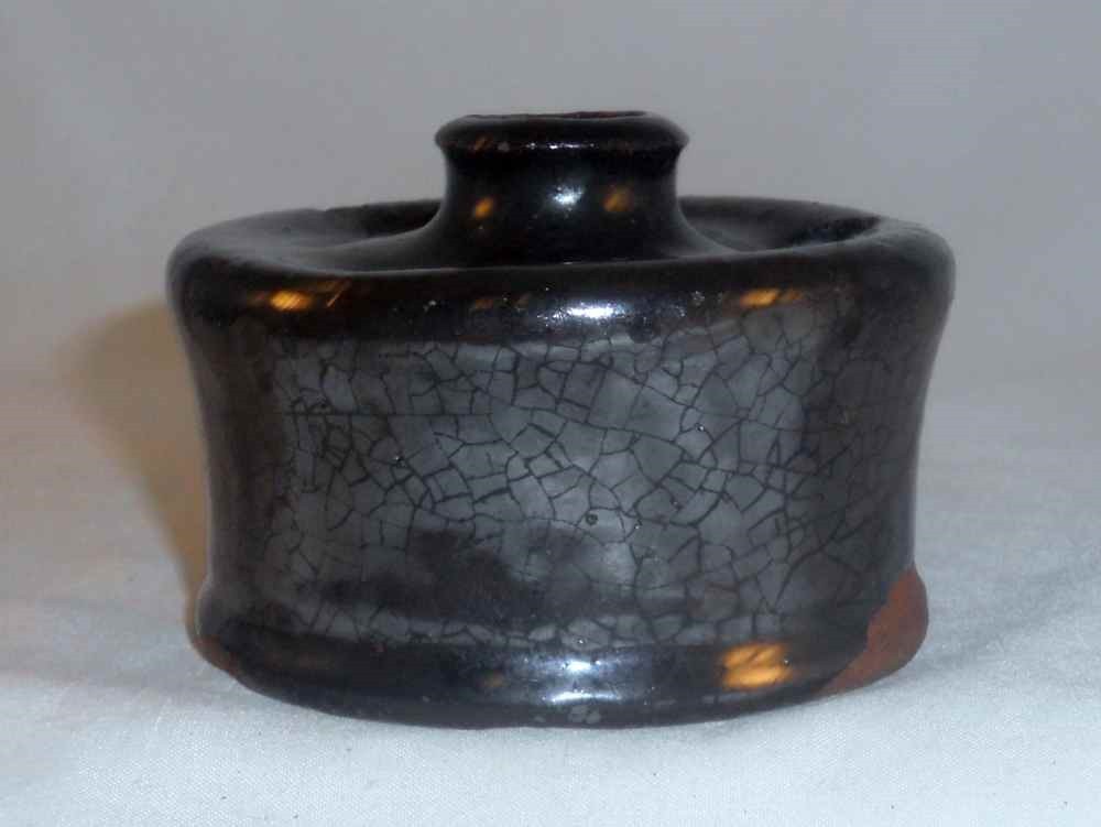 Antique Dark Brown Manganese Glazed Redware Inkwell with 3 Quill Storing Holes