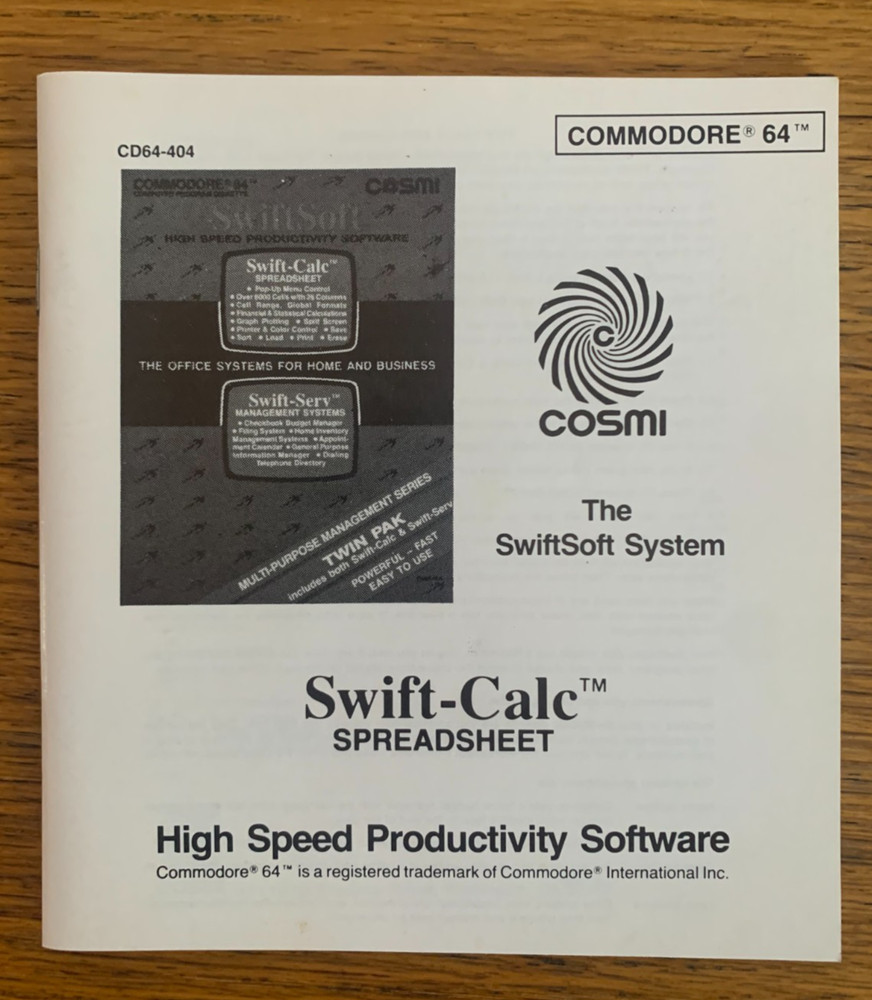 Cosmi Swift-Calc Spreadsheet Manual Commodore 64 C64