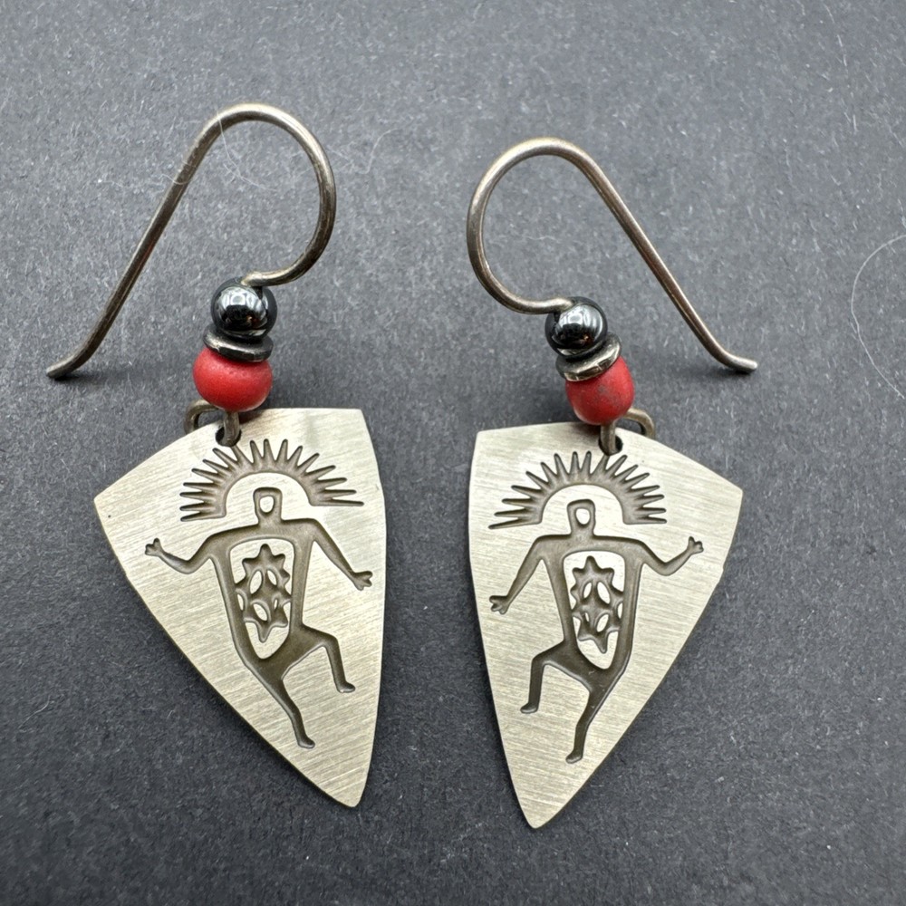 Native Inspired Dangle Drop 1.5” Earrings Silver Tone Red