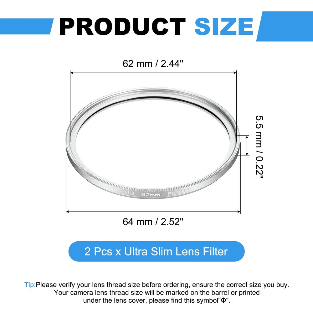 2Pcs 62mm Ultra Slim Lens Filter Multi Coating Camera Len Filter, Silver