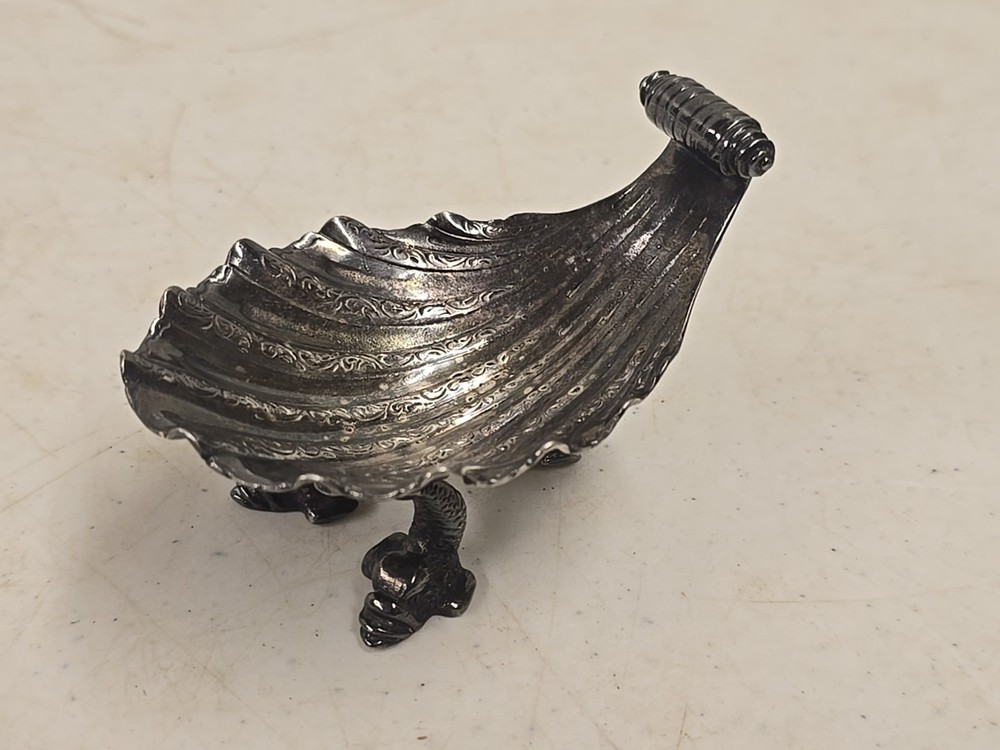 Antique Victorian Scroll Handle Dolphin Footed Silver Shell Dish Salt Dip