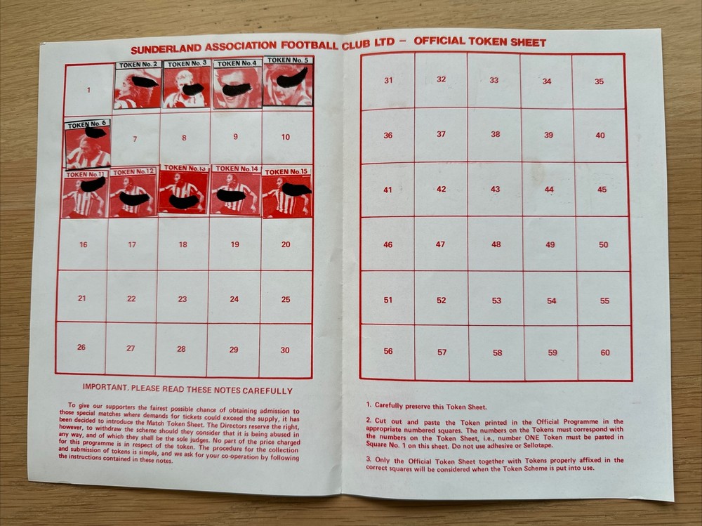 Sunderland AFC Token Sheet 1978/79