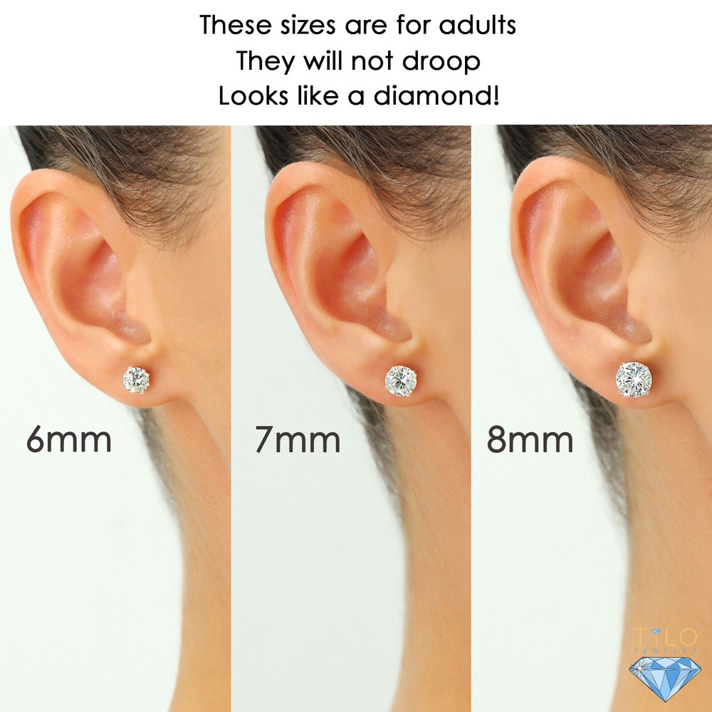 10K Solid White Gold Solitaire Round CZ Sleeper Stud Earrings Screw-back 2mm-8mm