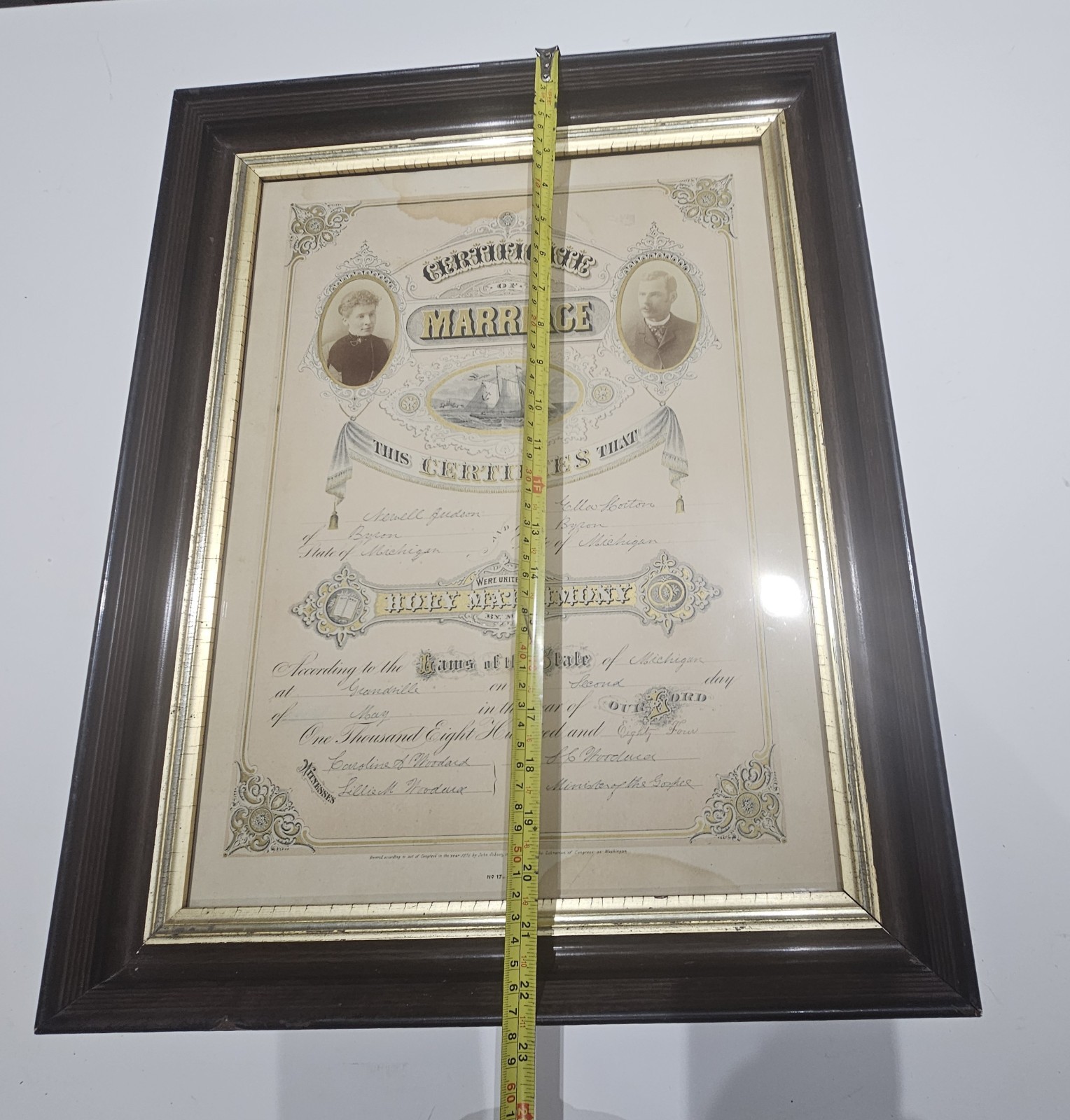 Antique C.1884 Michigan Large Size Marriage Certificate Framed. 14 X 19 Opening