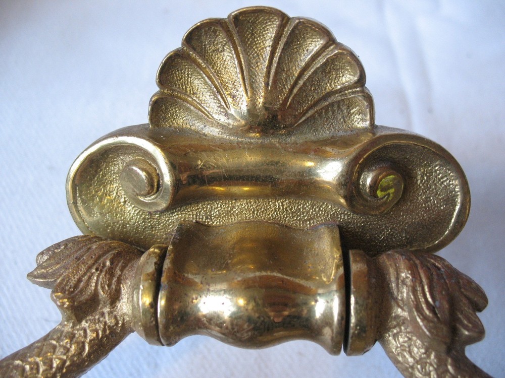 Old vintage solid Brass Stylised Dolphins & Sea Shell Door Knocker Pull Handle