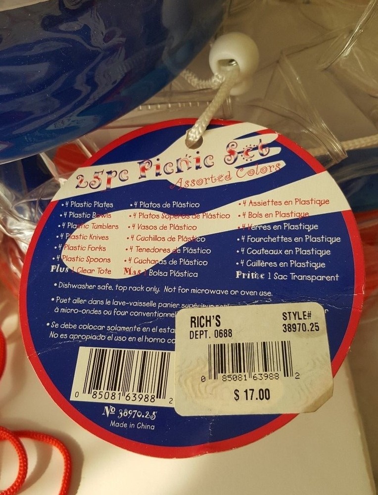25 PIECE SET EACH PICNIC REUSABLE DINNERWARE THREE SETS RED WHITE BLUE