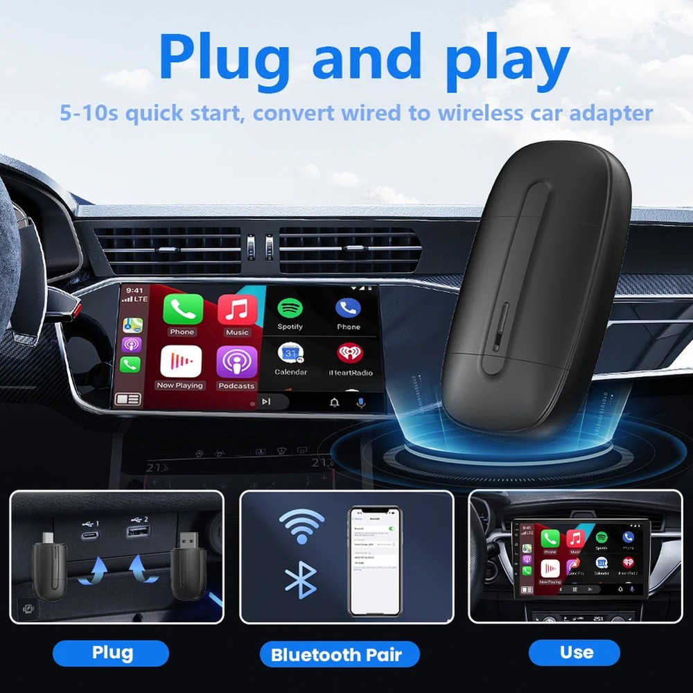 USB-C Dual-Interface Wireless Car Adapter for Wired Smartphone Projection — Plug