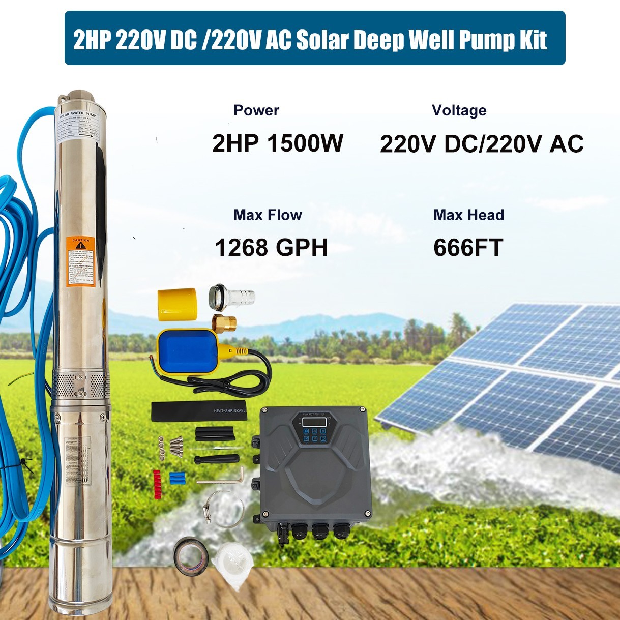 4" AC/DC Solar Powered Bore Well Water Pump 2HP Submersible Hybrid Deep 220V