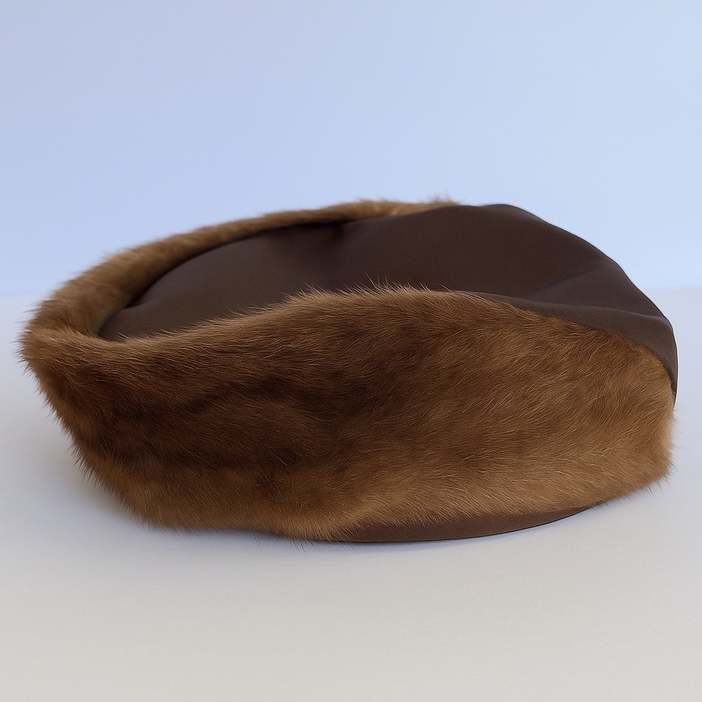 Vintage 1950s Cedar Crest Original Brown Mink Satin Pillbox Shaped Hat EUC