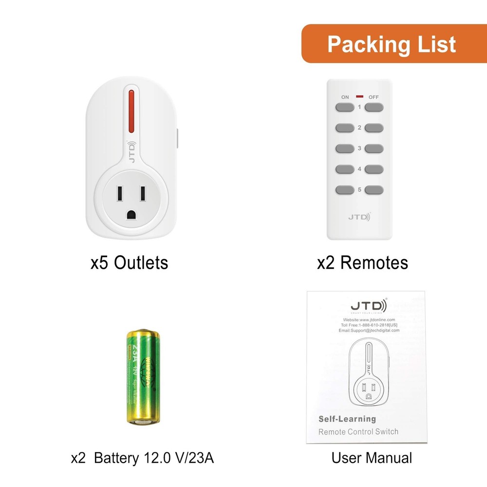 JTD ® 5 Pack Remote Control Outlet Switch 3rd Generation Energy Saving Auto
