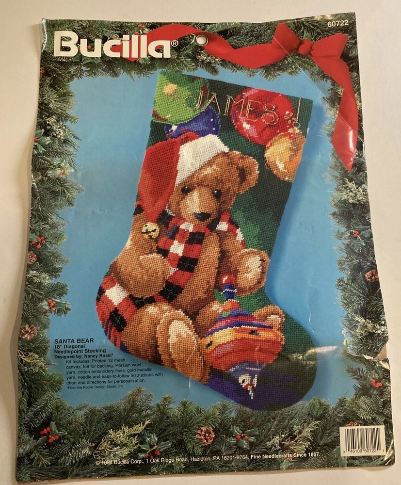 Bucilla SANTA BEAR Needlepoint Christmas Stocking Kit 60722 1994 Missing Thread