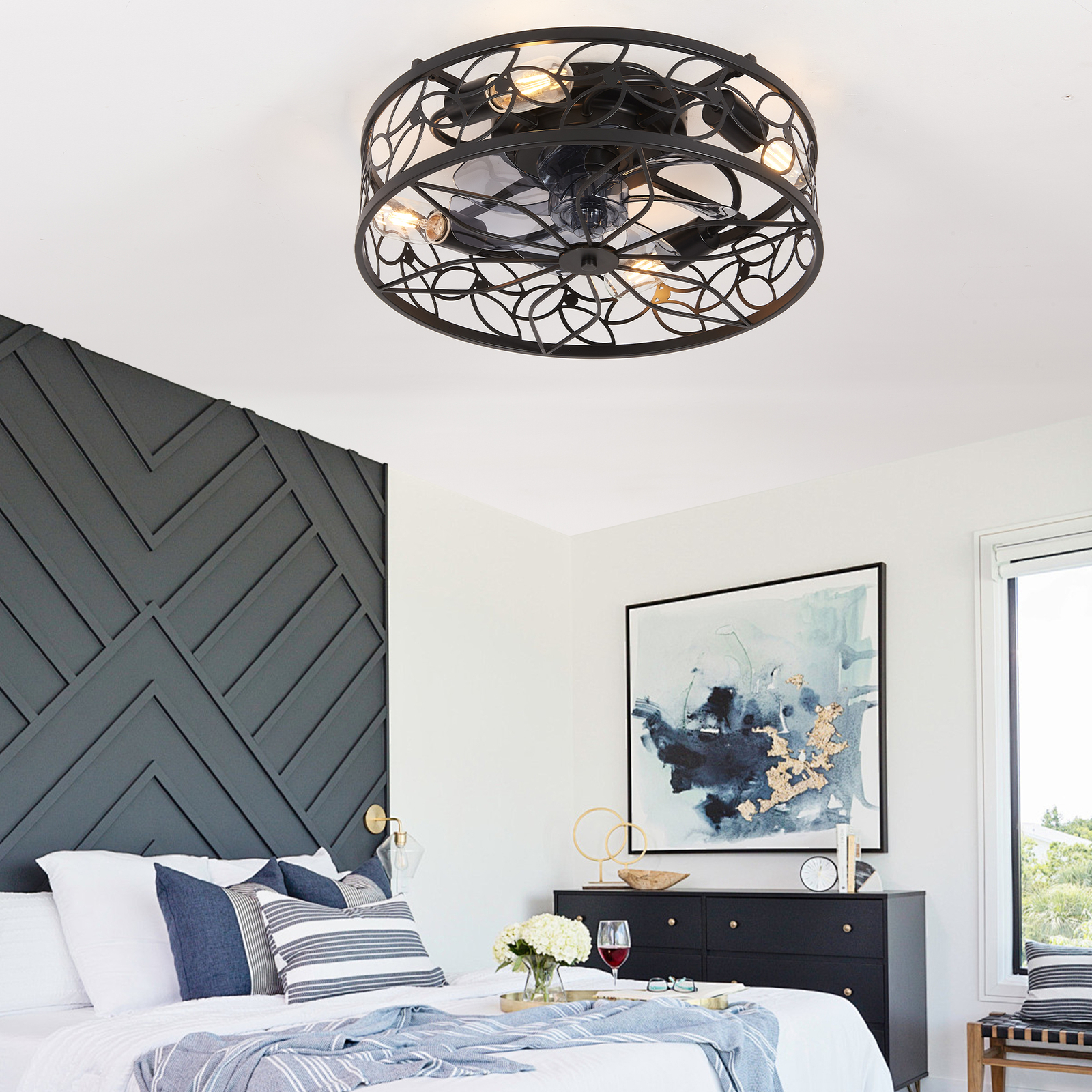 18" Black Caged Ceiling Fan Light Farmhouse Flush Mount with Remote Control kit