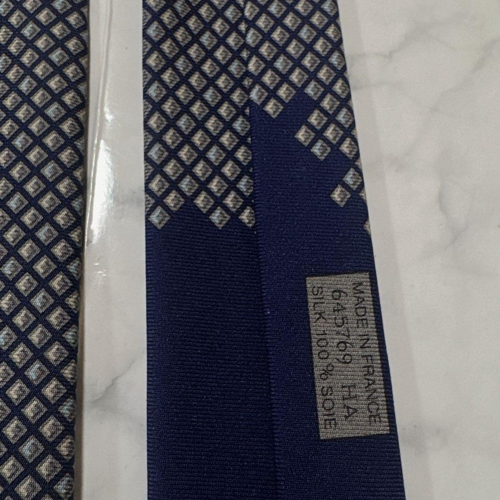 HERMES Square Pattern Tie Navy Gray with Box