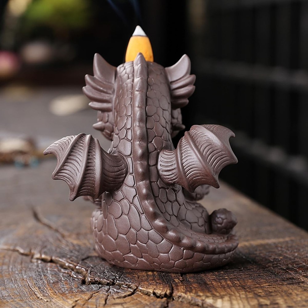 Ceramic Dragon Incense Burner, Cute Dinosaur Backflow Holder Brown