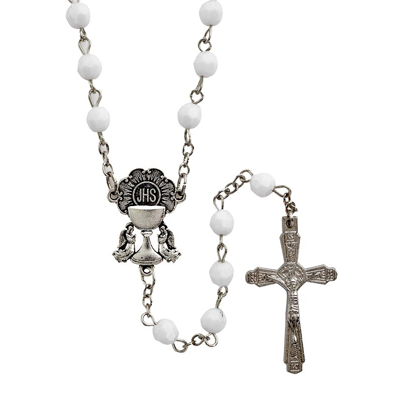 White Faceted Bead First Communion Rosary NEW Catholic Faith