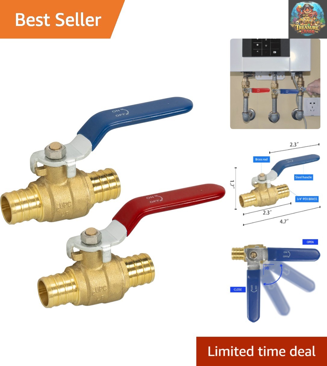 2-Pack 3/4 Inch Pex Brass Shut Off Ball Valve for Hot & Cold Water Systems