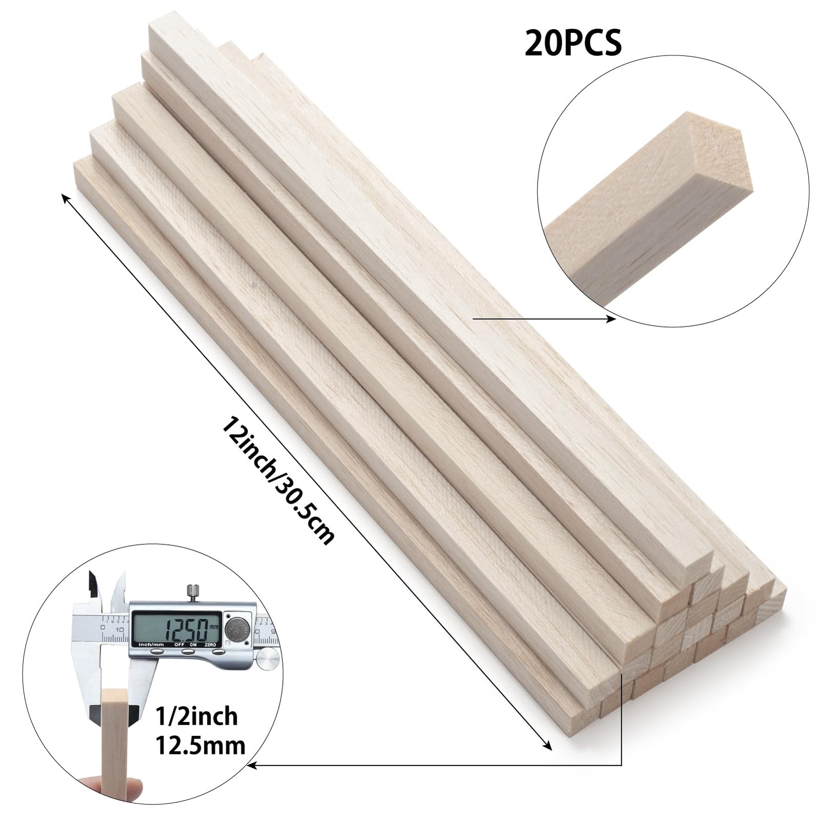 Balsa Wood Sticks, Balsa Wood Strips, 20 PCS 1/2" x 12" Square Wooden Dowel R...
