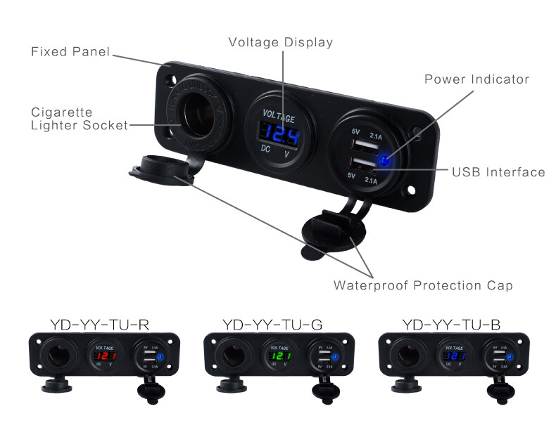 Car Boat RV Switch Panel 2 USB Charger Socket&Cigarette Lighter Voltmeter 12-24V