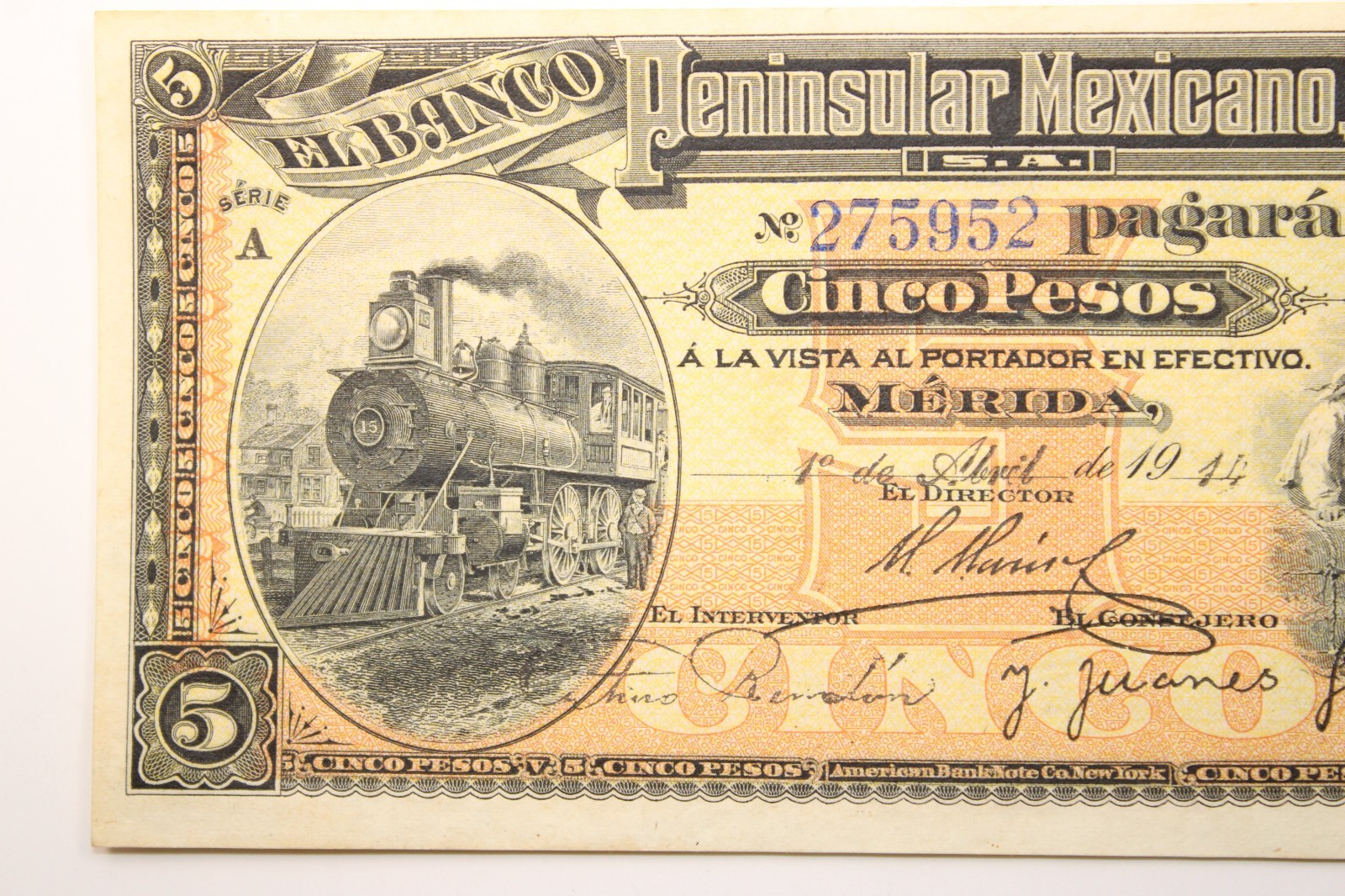Yucatan Peninsular Mexicano Bank Note S465a 1914 Mexico 5 Peso . AU # 0400