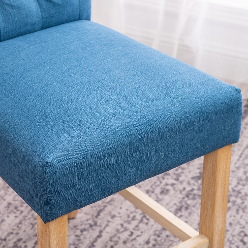 Counter Height Button Tufted Back Solid Wood Stools, Set of 2, Blue