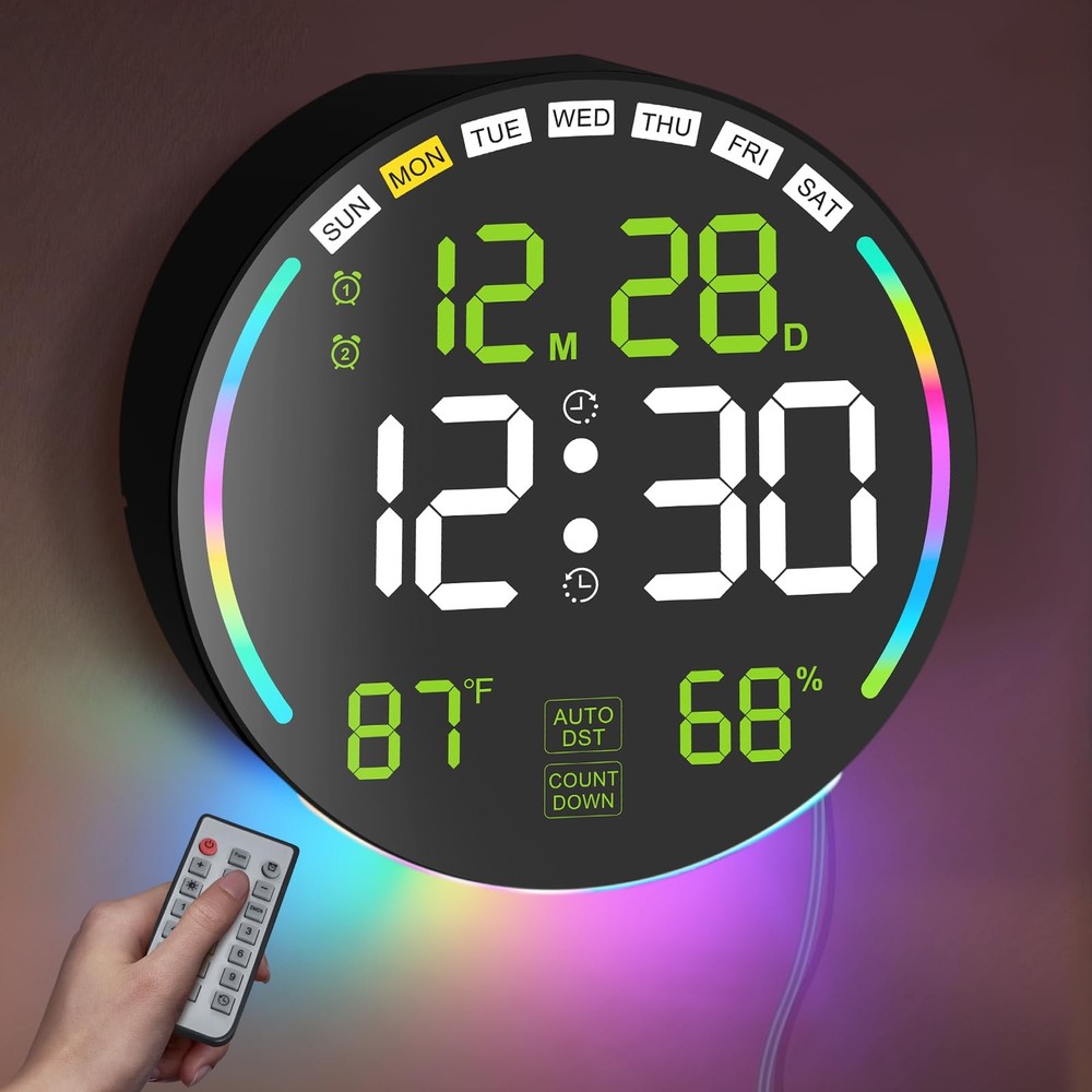 Large Digital Wall Clock with 10.3" LED Display,Alarm,Countdown Timer,DST,Tem...