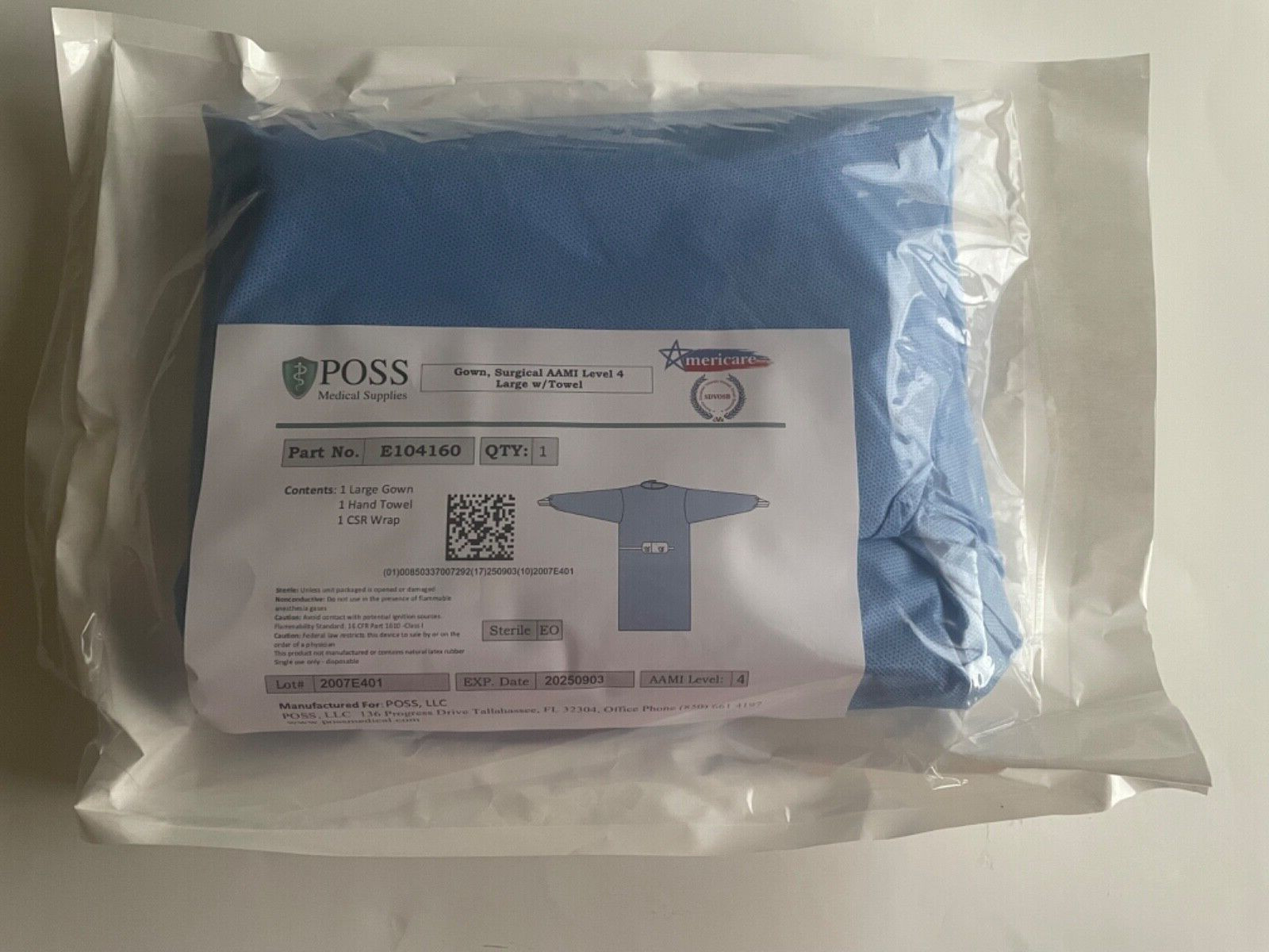 Sterile Blue Surgical Gown Size Large AAMI Level 4 w/ Hand Towel CSR Wrap 9/2025