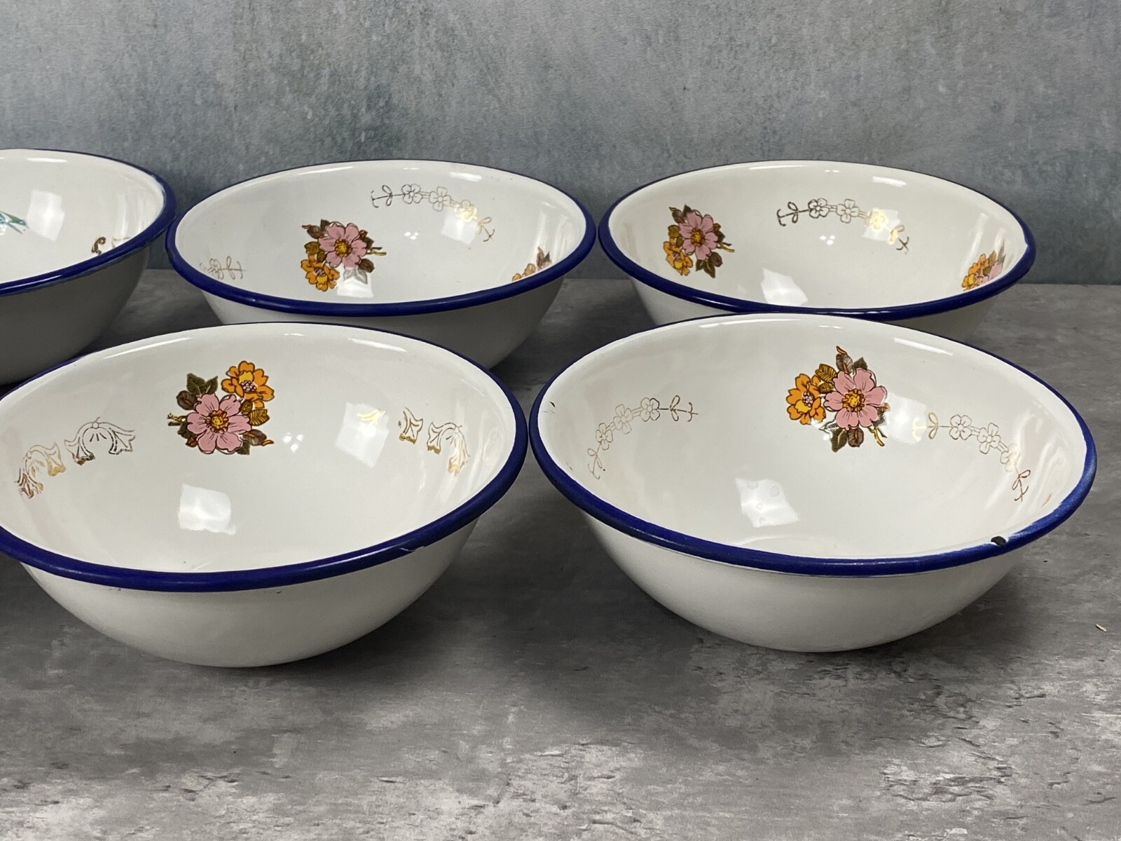 Vintage TrEs Enamelware Floral 6 Bowls Lot Camp Cottage Farmhouse Monterey MEX