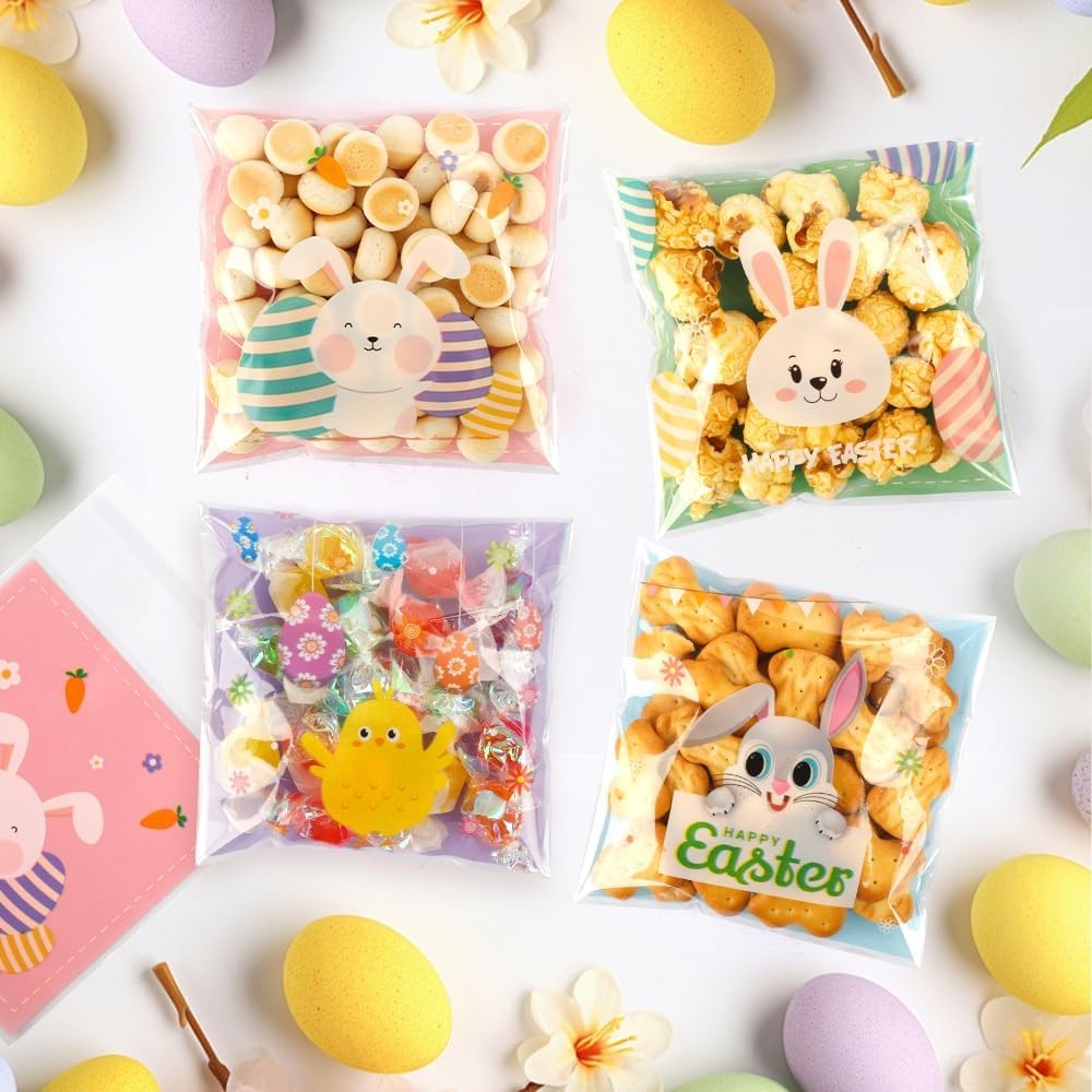 100 PCS Self Sealing Clear Easter Ziplock Bags, Easter Cellophane Treat Goodie S