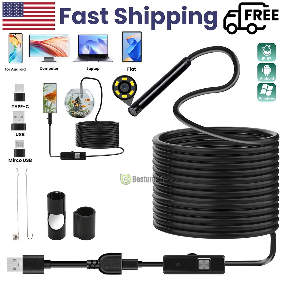 6LED USB Snake Endoscope Borescope HD Inspection Camera Scope For Android Type C
