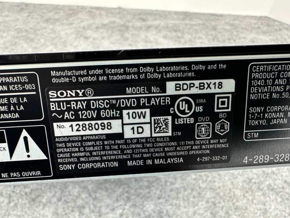 Sony Blu-Ray Disc/DVD Player Model BDP-BX18 Tested (no remote control)