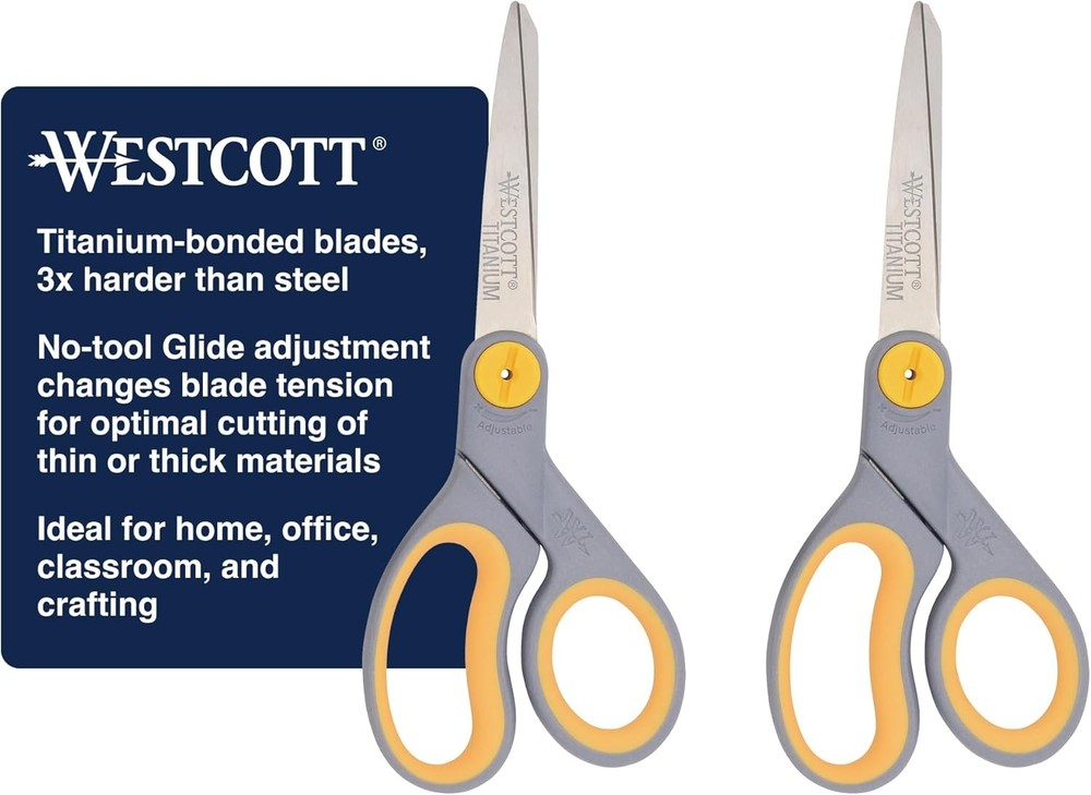 Westcott 8” Titanium Bonded Scissors with Adjustable Glide and Soft Handle, 2-