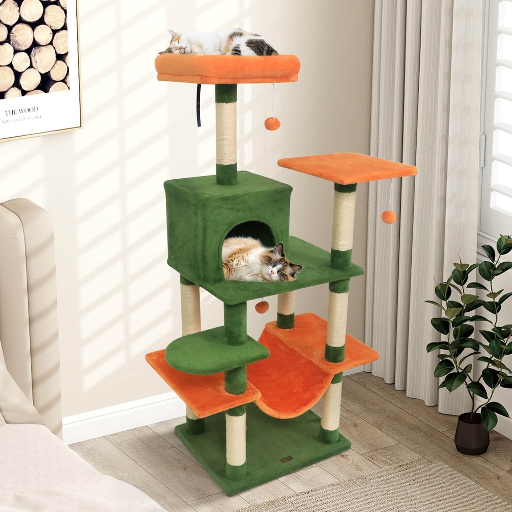 58” Tall Multi-level Cat Tree w/Upholstered Perch & Cat Condo, Comfy Hammock