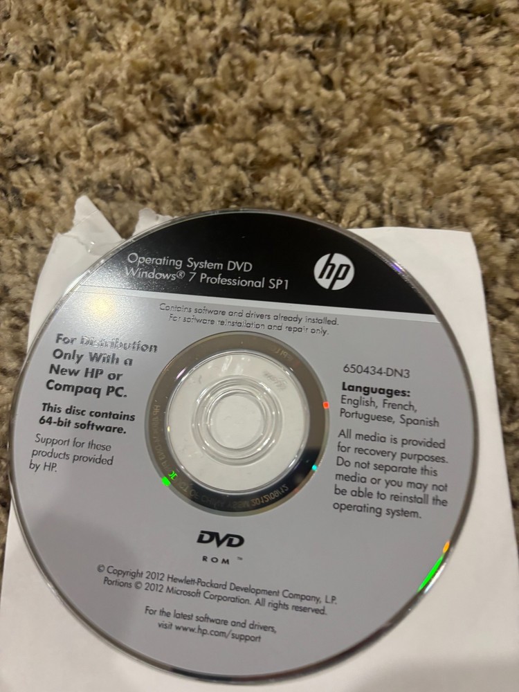 HP compaq operating system dvd  windows 7 64 sp1 650434-dn3