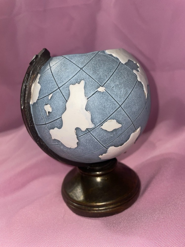 Decorative Small Blue and White Rotating Tabletop Globe with Metallic Base