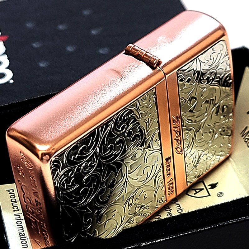 Zippo Logo Armor Arabesque Stripe Etching Pink Gold Matte Silver Lighter