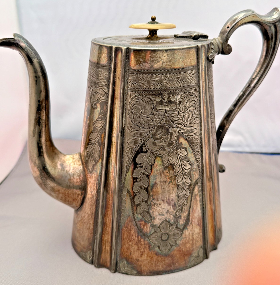 Antique Victorian Silver Plated EPNS Coffee Pot Elaborate Floral Engravings MOP