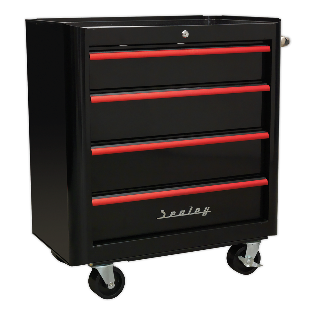 Rollcab 4 Drawer Retro Style- Black with Red Drawer Pulls (Sealey AP28204BR)