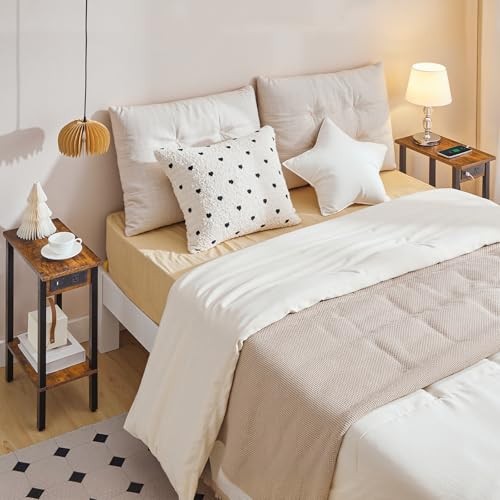 Narrow Side Table, 2-Tier Slim End Table with Charging 1 Rustic Brown + Black