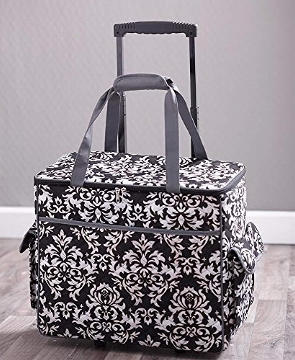 Rolling Sewing Machine Tote with 6 Storage Pockets - Damask,Large